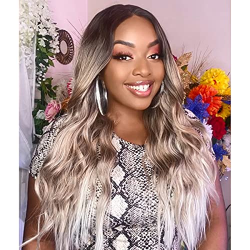Nnzes Ombre Blonde Lace Front Wig Synthetic Long Wavy Ombre Brown Lace Front Wigs for Women 26inches Middle Part Synthetic Heat Resistant Wig for Daily Use
