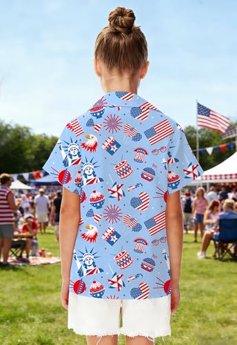 Image of 4th of July Shirts for Girls Boys American Patriotic Tshirt Kids Hawaiian Button Down Tops