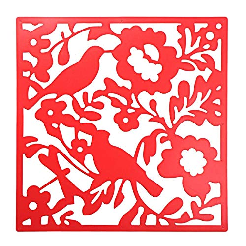 Rideau de séparation suspendu rouge et claustra modulable motif oiseau fleur
