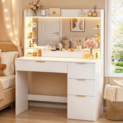 Image of HUAHUU Vanity Desk with Large Mirror, 35.4 inch Makeup Vanity with LED Lights | White Vanity Table with HD Mirror, 3 Color Lights, Makeup Desk with 4 Drawers & 4 Shelves & 3 Makeup Trays, Power Outlet