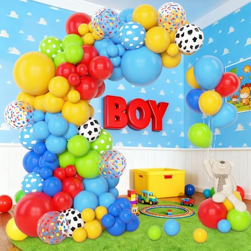 Image of Amandir 153Pcs Blue Red Yellow Balloon Arch Garland Kit Different Sizes | 18 12 10 5 Cow Cloud Pattern Green Confetti Latex Balloons For Cartoon Theme Birthday Shower Decorations