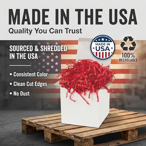 Image of BOX USA Red Crinkle Paper Filler (40lb) - Shredded Paper for Basket Stuffing, Shipping, Packaging, Confetti, Crafts & Holidays - Crinkle Cut