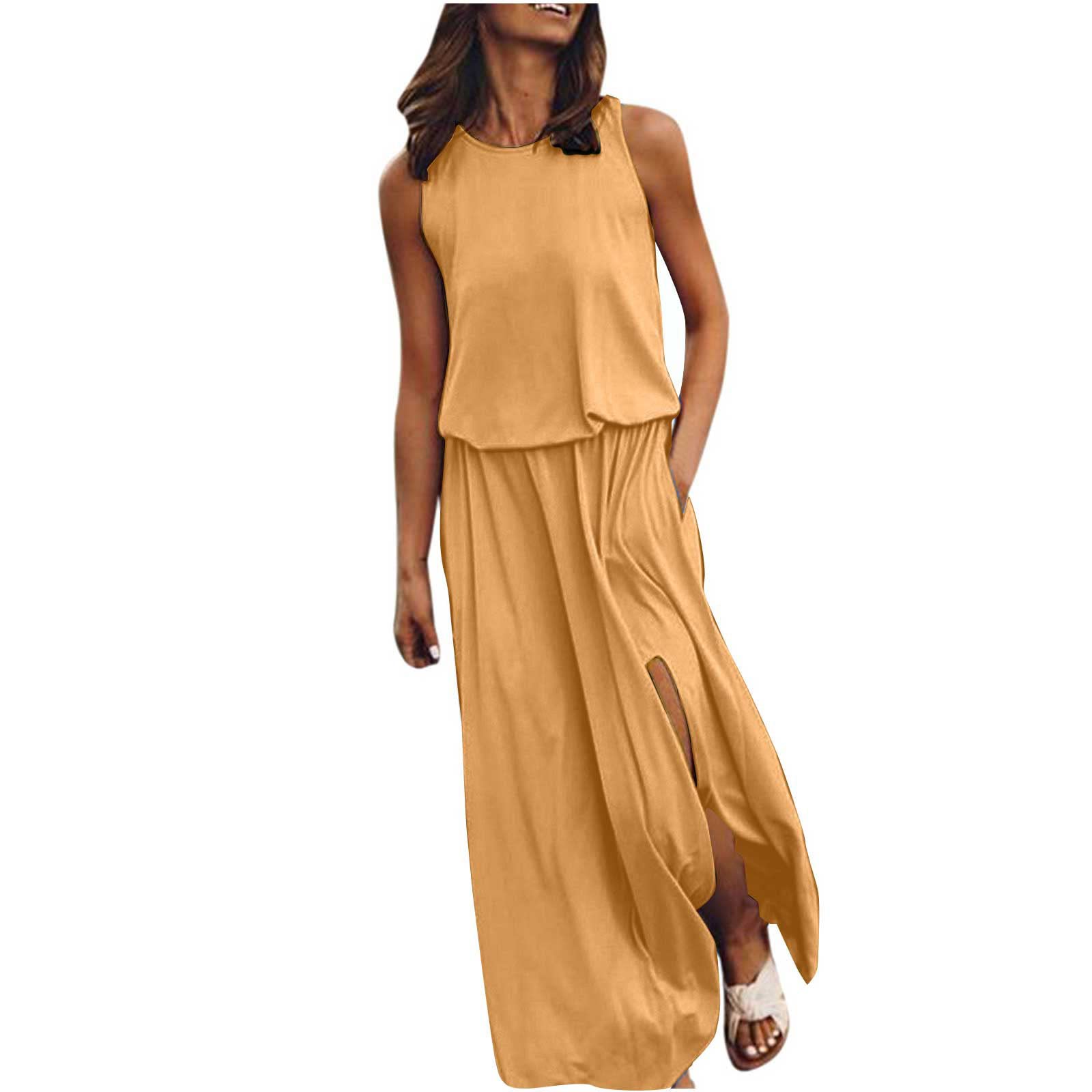 NUSGEAR Nuevo 2021 Vestidos Largo para Mujer, Elegante Moda Fiesta Vestido sin Manga Verano Basico Casual Playa Vestidos Impresión Cuello Redondo Vestidos Largo Vestido de Noche Vestido de Cóctel
