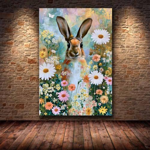 Peinture de lapin fleur sauvage tableau déco maison 30x45cm