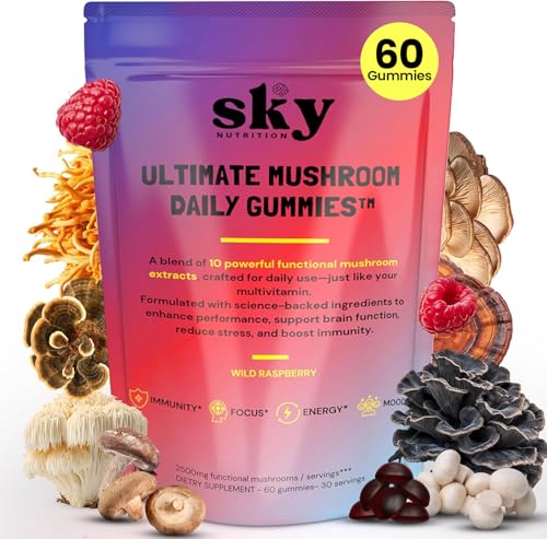 SKY NUTRITION Mushroom Gummies - 10-in-1 Advanced Complex w/Lions Mane, Reishi, Cordyceps, Turkey Tail - Focus & Brain Support - Raspberry Flavored 60 Vegan Lions Mane Mushroom Gummies for Adults