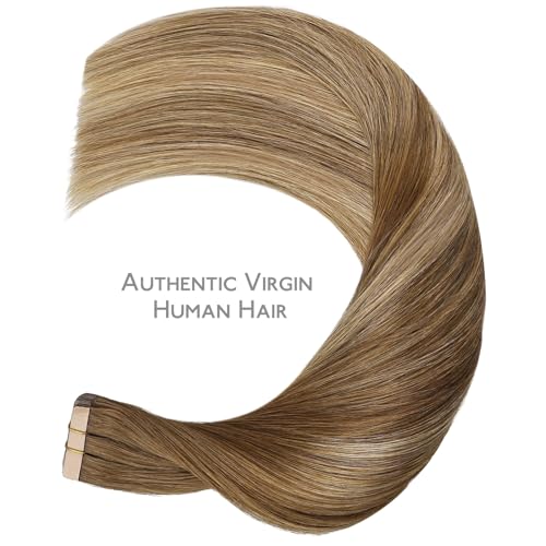Image of WENNALIFE Tape in Hair Extensions Human Hair, 20pcs 50g 24 inch Balayage Chestnut Brown Mixed Dirty Blonde. Remy Hair Extensions Straight Human Hair Tape in Extensions Skin Weft Tape Extensions Human
