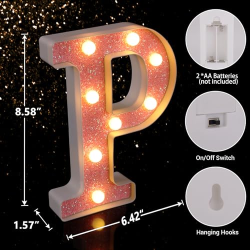 Image of LED Letter Lights Pink Glitter Marquee Letters Light Up Alphabet Letters Sign Battery Powered for Home Party Decoration Night Bar Wedding Birthday Christmas Lamp Girls Gift - Letter P