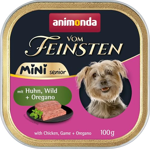 animonda Vom Feinsten Mini Senior Hundefutter nass mit Huhn + Wild und Oregano (32 x 100 g), getreidefreies Senior Nassfutter ohne Zucker und Soja für kleine Hunderassen