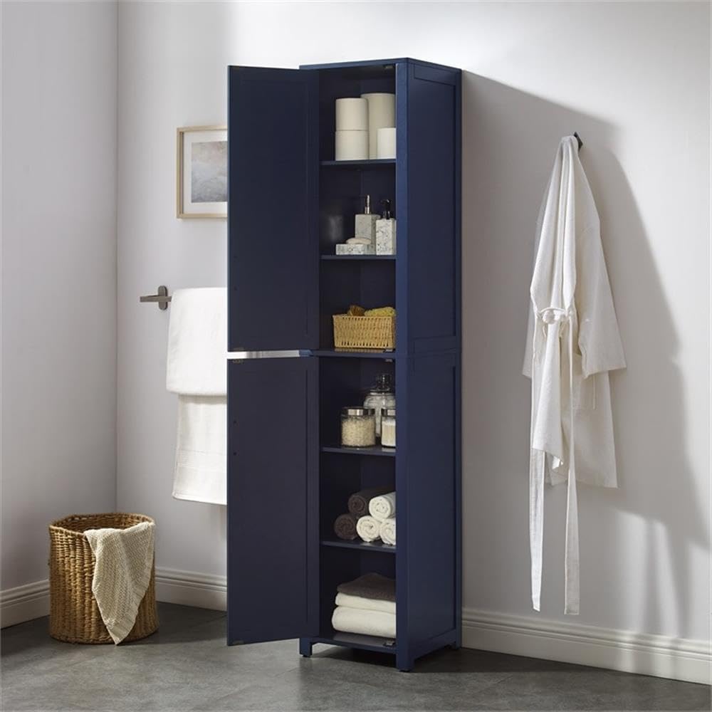 Pemberly Row Contemporary Engineered Wood Linen Storage Cabinet, Navy Finish, Adjustable Shelves, Shaker-Style Doors, Brushed Nickel Hardware, Modular Design for Bathroom, Kitchen, or Laundry Room