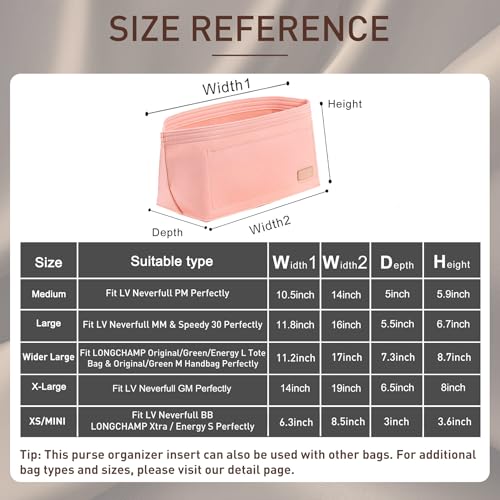 Image of Doxo Purse Organizer Insert for Handbags & Base Shaper 2pc Set, Felt Neverfull MM Organizer Insert, Tote Bag Organizer with Zipper Pocket and Bottle Holder, Fit Speedy 30 Neverfull MM and More,Pink-L
