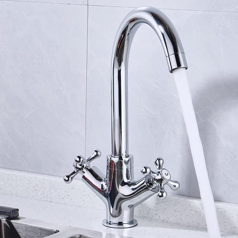for Bar Farmhouse Commercial, Double Handle Faucets, Kitchen Sink Rotatable Spout Faucet, Hot Cold Water Mixer Rotatble Style Brass Tap