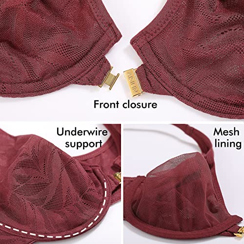 Aisilin Women's Front Closure Bras Plus Size Unlined Soft Lace Plunge Underwire Red 32F #TOP3
