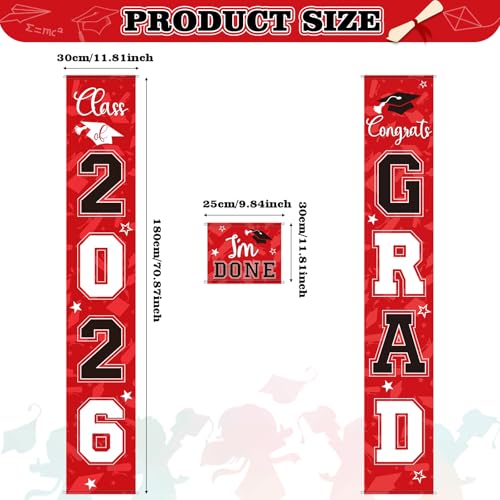 Image of Moukeren 3 Pieces 2026 Graduation Party Decorations Graduation Porch Sign Class of 2026 Grad Hanging Porch Banner Backdrop Door Sign for Grad Party Home Door Wall Decor(Red and Black)