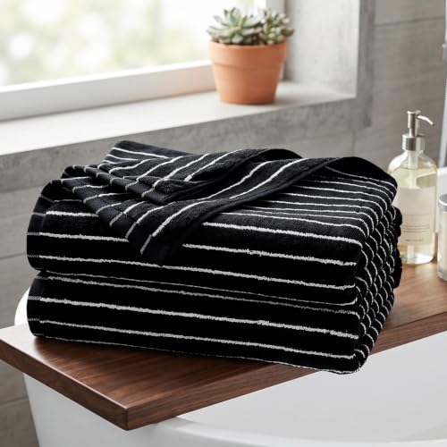 Image of Black Bath Towels Set of 2, Striped Towels for Bathroom, Beach & Shower