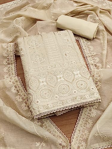 Image of Pandadi Saree Women's Elegant Lucknowi Work with Modal Cotton Chanderi and Embroidered Dupatta Unstitched Dress Material