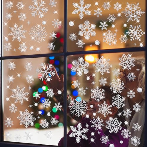 Image of 207 PCS Glitter Snowflake Window Clings - Christmas Window Stickers & Decals for Glass, Double Sided Reusable Static Winter Clings for Christmas Decorations,No Glue Needed(9 Sheets)