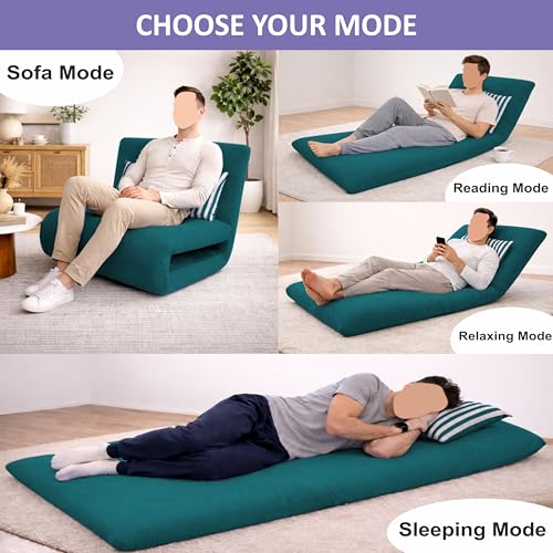 Image of Adorn India Easy Multi Mode 1 Seater Sofa Cum Bed | Velvet Fabric | Ocean Blue | Stripes Design | Comfortable Seating | Washable Cover | Perfect for Home & Office