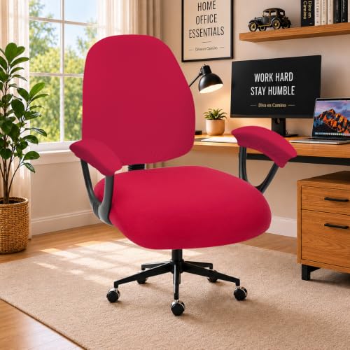 Image of Stretchable Office Chair Seat Covers - Universal Stretch Computer Chair Slipcover - 180GSM Washable Rotating Backrest Coverings & Cushion Protectors & Armrest Covers for Dogs, Cats, Pets, Red