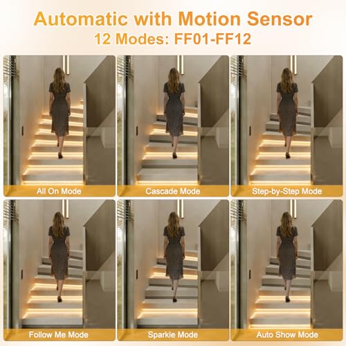 Image of Intelligent Motion Sensor LED Stair Light Kit with Main Wire& Daylight Sensor, Step by Step Control 47.2 Inches Cuttable LED Strip Lights Indoor with Remote (16 Stairs,3000K)