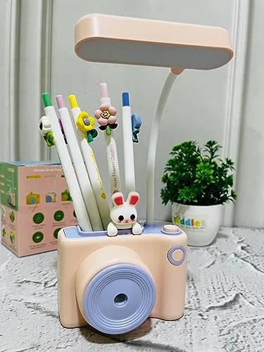 Image of Kiditos Small Study Desk LED Lamp Rechargeable, 360 Flexible Gooseneck Lamp with Pen Holder, Pencil Sharpener, Table Lamp for Girls Boys Room (Camera), Pink