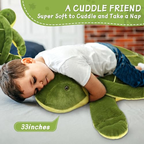 Image of MorisMos 33 Inch Giant Sea Turtle Stuffed Animal Plush Pillow, Large Soft Turtle Plush Toy for Kids, Boys, Girls and Ocean Animal Lovers, Cuddly Green Turtle Pillow for Birthday