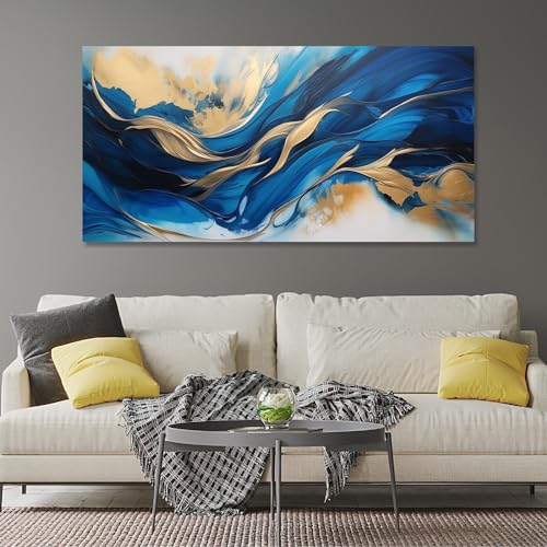 Décoration moderne pour salon avec grande toile abstraite bleue