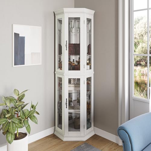 Image of BELLEZE Lighted 3-Side Glass Display Curio Cabinet w /Tempered Glass Doors & Shelves, Accent Wooden Corner Cabinet with Bulb, Corner Storage Decoration Rack for Living Room & Bed-Room Corona (White)