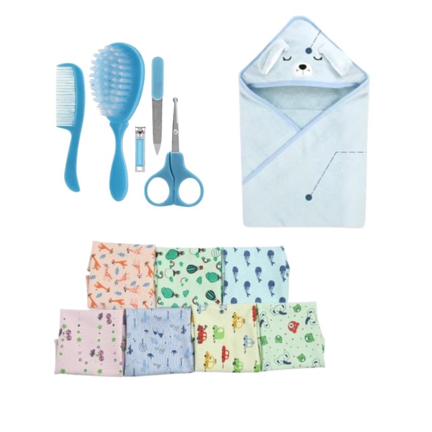 Baby Grooming Kit 2 | Newborn Care Set with Hooded Bath Towel, Cotton Hanky Set & Complete Grooming Tools | Daily Baby Hygiene Essentials