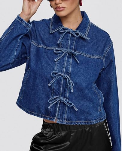 Tankaneo Womens Bow Tie Front Denim Jackets Cropped Oversized Casual Jean Shackets Y2k Lightweight Cute Coats2
