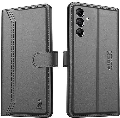 Image of AIBEX Compatible for Samsung M14 5G Flip Cover Leather Finish | Inside TPU with Card Pockets | Wallet Stand | Complete Protection Flip Case - Black