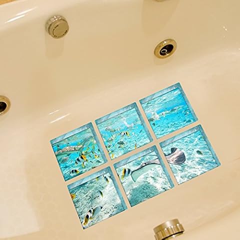 AILEGOU 3D Non-Slip Bathtub Stickers, Children's Animal Shower stickers, Safety Treads Add Non-Slip Traction to Tubs Showers Pools Tables,Total 6 pieces（Sea world） Cover