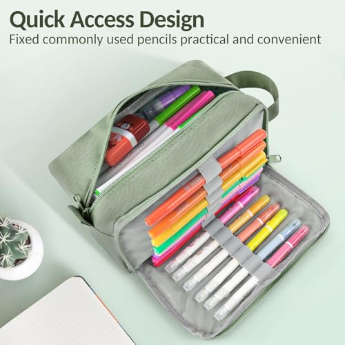 Image of Sooez Original High Capacity Pencil Case, Big Pencil Bag Pouch Box Organizer Pen Case, Aesthetic Supply for Girls Adults, Portable Journaling Supplies with Easy Grip Handle & Loop, Olive Green