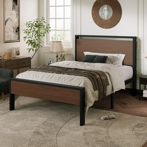 Image of Allewie Twin Size Bed Frame, Heavy Duty 12 Metal Slats Support, Walnut | Wooden Headboard and Footboard, Modern Platform Bed, No Box Spring Needed, Under-Bed Storage, Noise Free, Easy Assembly