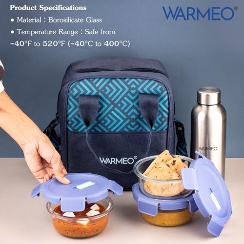 Image of WARMEO BOROFRESH Set of 4 Borosilicate Glass Tiffin (3 Round Container,400ml Each + 1 Steel Bottle 750 ml)| Leakproof, Microwave & Dishwasher Safe Lunch Box with Bag for Office, College & School