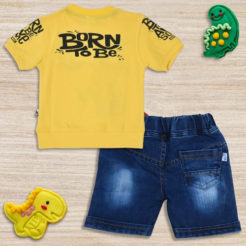 Image of Fancy Kids Pure Cotton T-Shirt And Denim Jeans Shorts Set For Boys