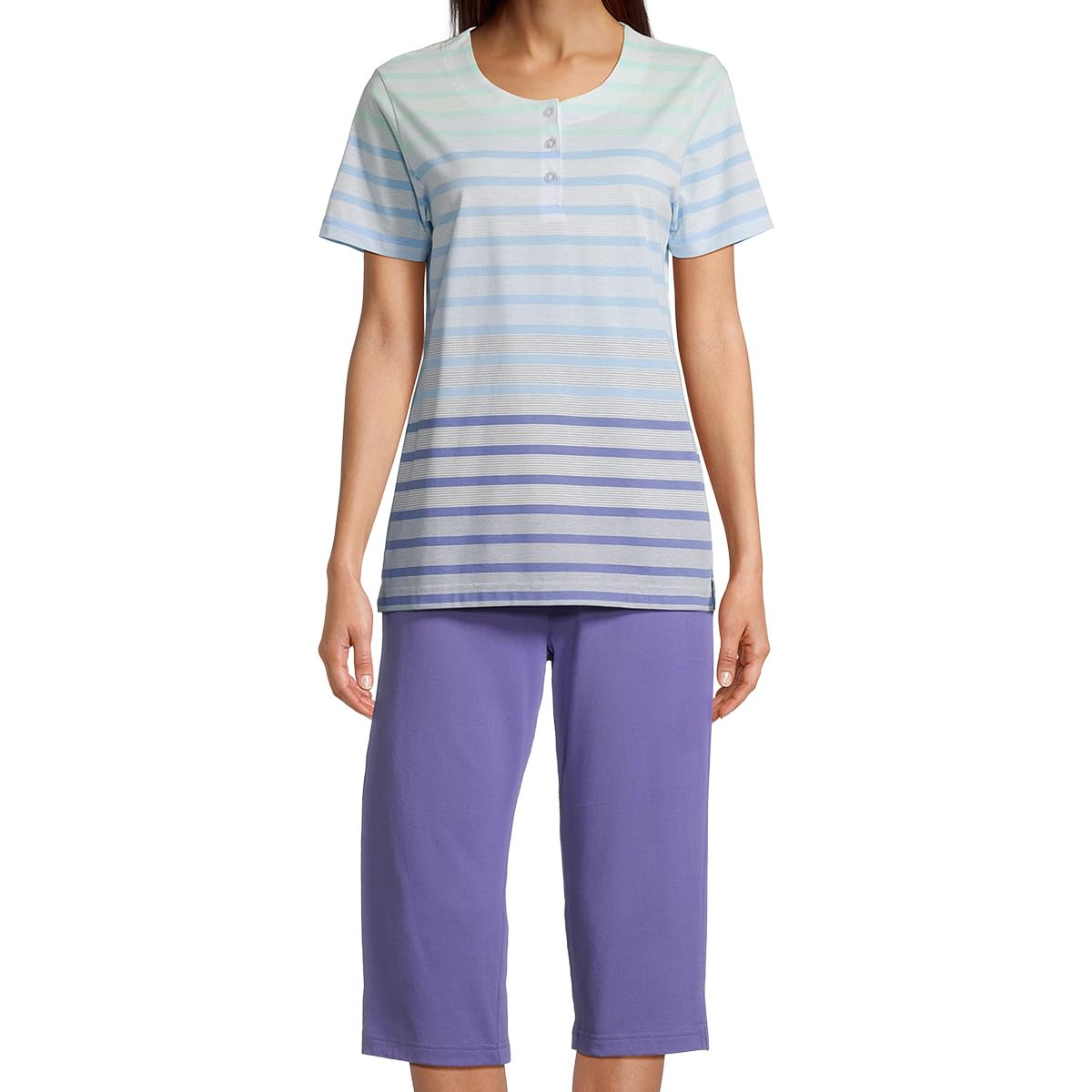 hajo Klima Komfort Damen Schlafanzug Set – Capri Hose & T-Shirt mit modernem Streifenmuster, atmungsaktives Material Baumwolle Polyester, kurzer Arm & Knielang – Leicht, bequem