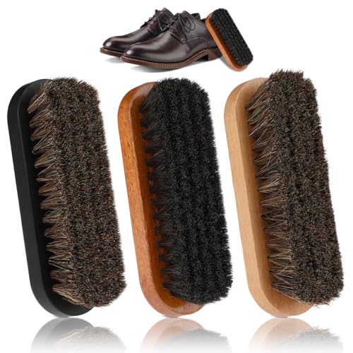 HJZHII 3Pcs Shoe Brush Set, Horsehair Shoe Shine Brush Shoe Polish Brushes Horse Hair Bristles Brush Cleaning Brushes with Wooden Handles for Boots Leather Car Seats Sofas Bags