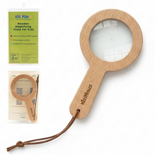 Kids Wooden Magnifying Glass 3X - Montessori STEM Nature Toy– Natural Beech Wood Handle, Clear Acrylic Lens, Strap & Plastic Case | Outdoor Explorer Toy for Toddlers & Kids, Learning Tool