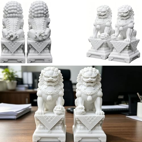 Pareja de Estatuas de Perros Foo de Mármol Blanco Feng Shui miniatura 7