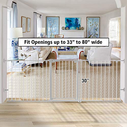 KingSo 80 inch Auto Close Baby Gate Super Wide Safety Gate Foldable Extra Wide 33-80 inch Walk Thru for House Stair Doorways Hallways Include Hardware Mounts(30\" Tall, White)