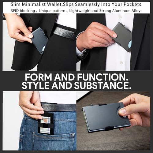 Image of Slim Card Holder Wallet for Men, Minimalist RFID Blocking Pop Up Wallet, Smart Metal Business Card Case Holds 12 Cards, Ultra-Thin Front Pocket Wallet, Gifts for Men