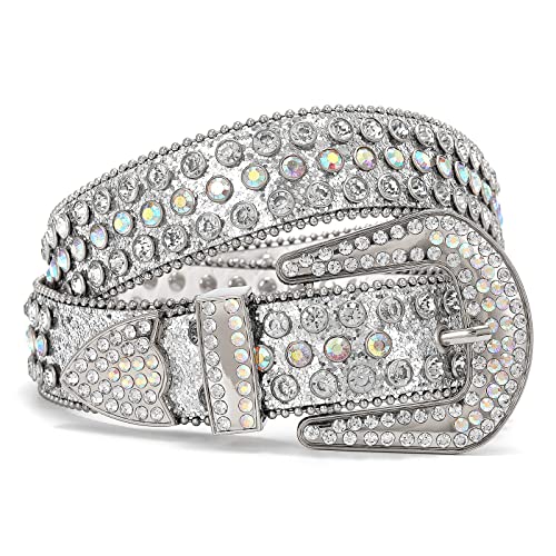 WHIPPY Women Western Rhinestones Belts Men Studded Belt for Jeans Bling Cowgirl Cowboy Waist Belt with Removable Buckle Silver Sequin S