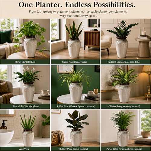 Image of Ceramic Flower Pots for Garden | Big Size Planters for Home Decor, Living Room, Balcony & Office | Multi Utility Vase Gamla for Indoor Outdoor Plants (Hand-Painted, White, 10 Inch)