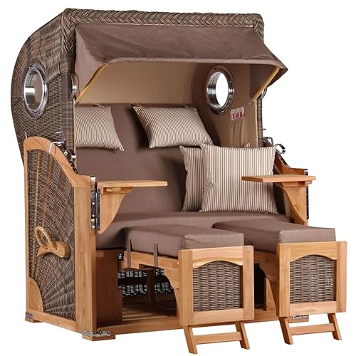 MR. DEKO® Strandkorb Düne Teak 2-Sitzer Bullauge | PE Geflecht...