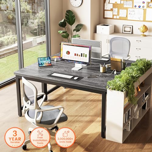 Image of Huuger 55 x 24 inch Desk with Power Outlets & USB-C, Deeper & Thicker Desktop, Robust Metal Tubes, Computer Desk, Heavy Duty Office Desk, Work Gaming Desk for Home Office, Grey