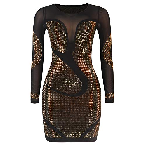 Image of PORRCEY Women's Sexy Elegant Rhinestone Mesh Party Club Night Mini Dress