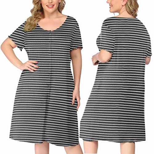 Image of Ekouaer Women's Nightshirt Short Sleeve Button Down Nightgown V-Neck Sleepwear Pajama Dress