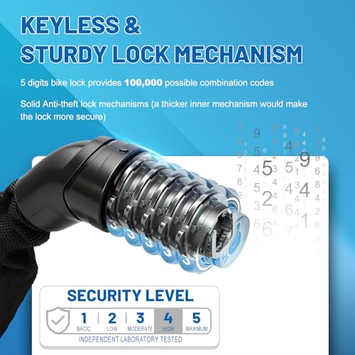 Image of APECYC Bike Lock, 3 /4 /5 /6FT Heavy Duty Anti Theft 5-Digit Combo Chain Lock | Resettable Combination Bicycle Lock, Keyless and Long Security Chain Lock for E-bike, Scooter, Bike Rack, Commuting & Outdoor