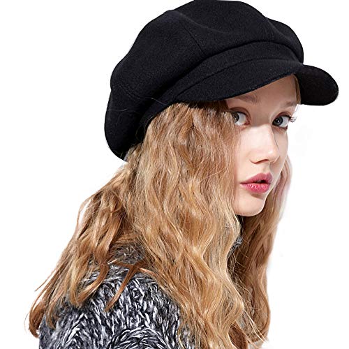kekolin Womens Newsboy Hat Beret Cap Visor Hats for Ladies Wool Newsboy Beret Cap (Black)