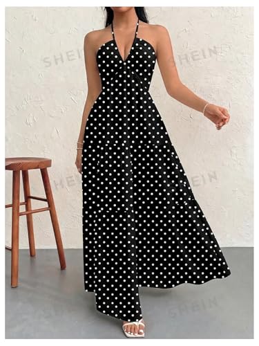 Image of SHENHE Women's Deep V Neck Tie Knot Backless Halter Dress A Line Flowy Ruffle Maxi Dress